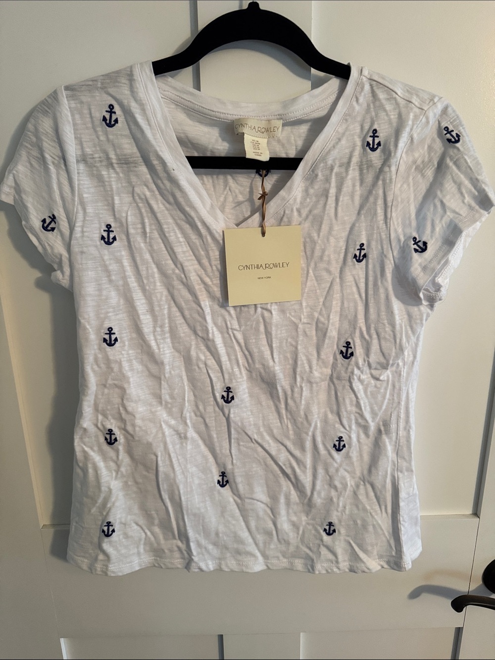 Cynthia Rowley White Tee with Navy Anchor Embroidery